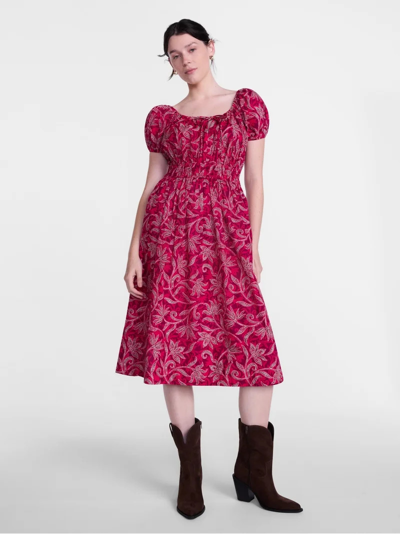 Scenario Women's and Women's Plus Smocked Waist Peasant Midi Dress with Puff Sleeves, Sizes XS-4X | Walmart (US)
