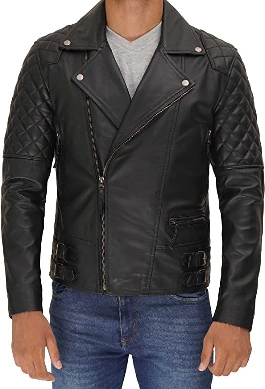 Decrum Black Leather Jacket - Quilted Asymmetrical Real Lambskin Leather Motorcycle Jackets For M... | Amazon (US)