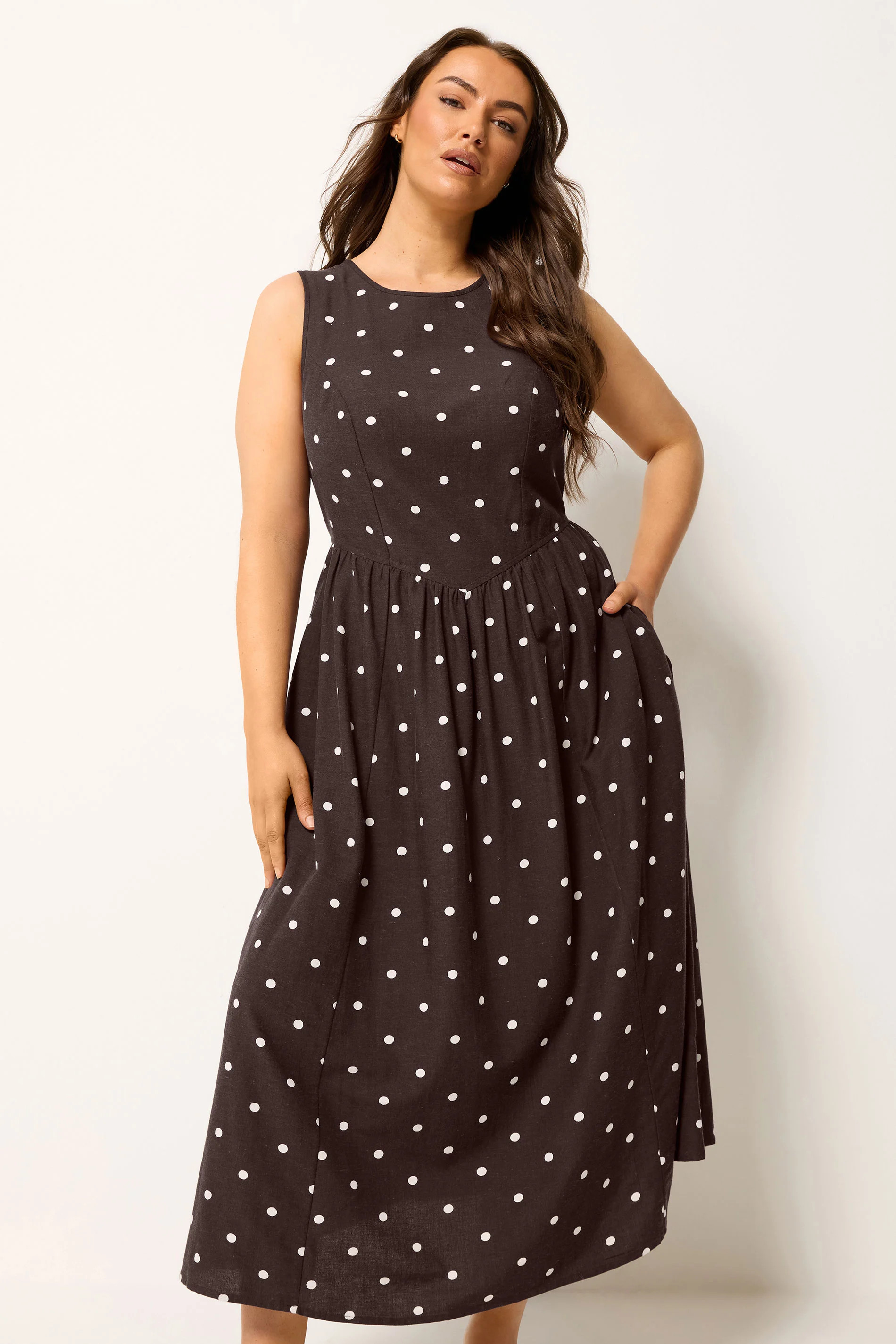 YOURS Plus Size Chocolate Brown Polka Dot Linen Maxi Dress | Yours Clothing UK