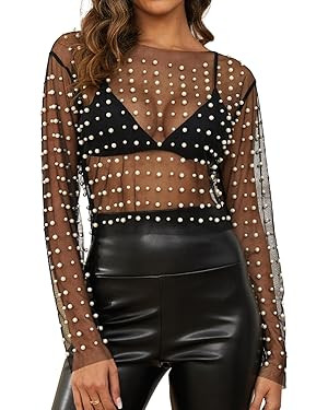Women Pearl Rhinestone Sheer Mesh Crop Top Sexy See Through Long Sleeve Slim Fit Cropped Blouse S... | Amazon (US)