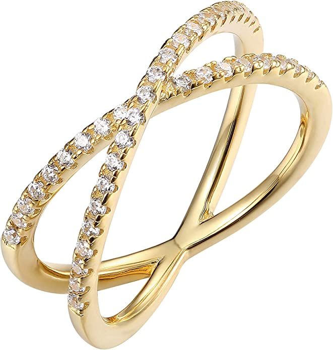 PAVOI 14K Gold Plated X Ring Simulated Diamond CZ Criss Cross Ring for Women | Amazon (US)