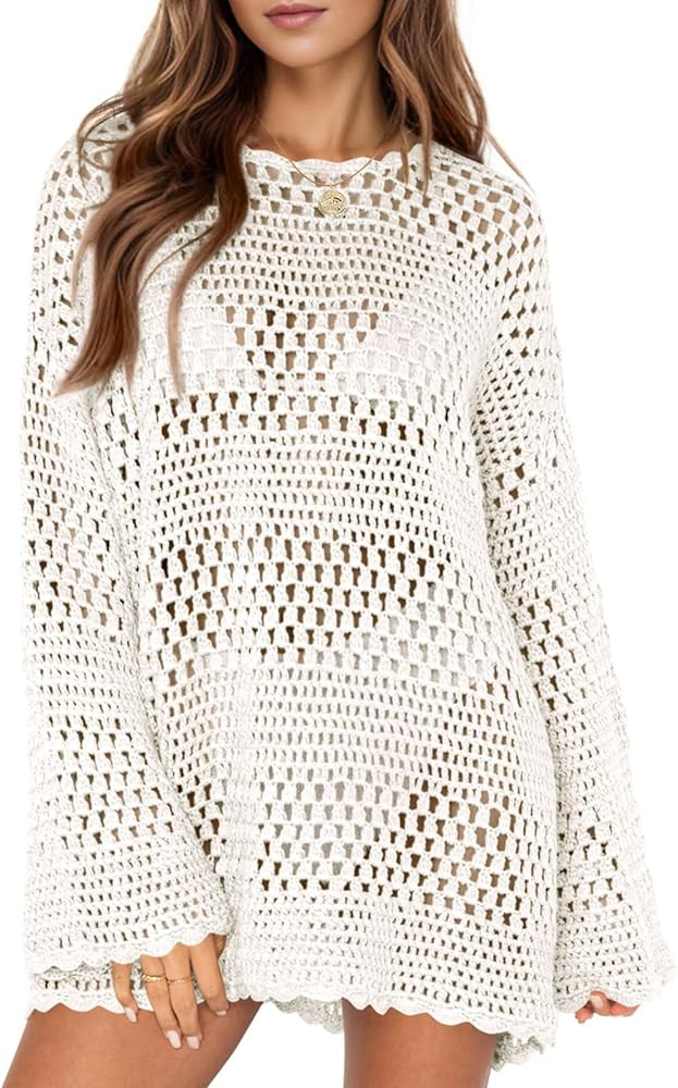 Saodimallsu Womens Crochet Swimsuit Cover Up Summer Bathing Suit Long Sleeve Mesh Knit Pullover B... | Amazon (US)
