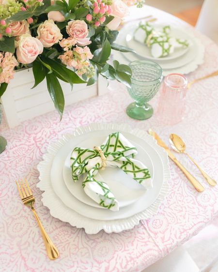 These pretty napkin bows are so easy to fold and can help dress up just about any table! Aside from the tablecloth (which is from Table Top Shop), I’m linking exact green and pink table decor! 

#LTKhome