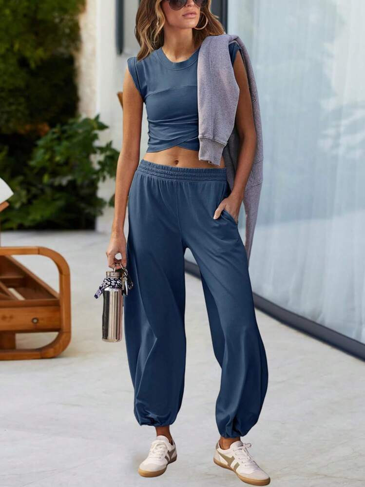 Women's Sportswear Slim Cross Waisted Top Elastic Waist Loose Trousers Casual Tracksuit | SHEIN