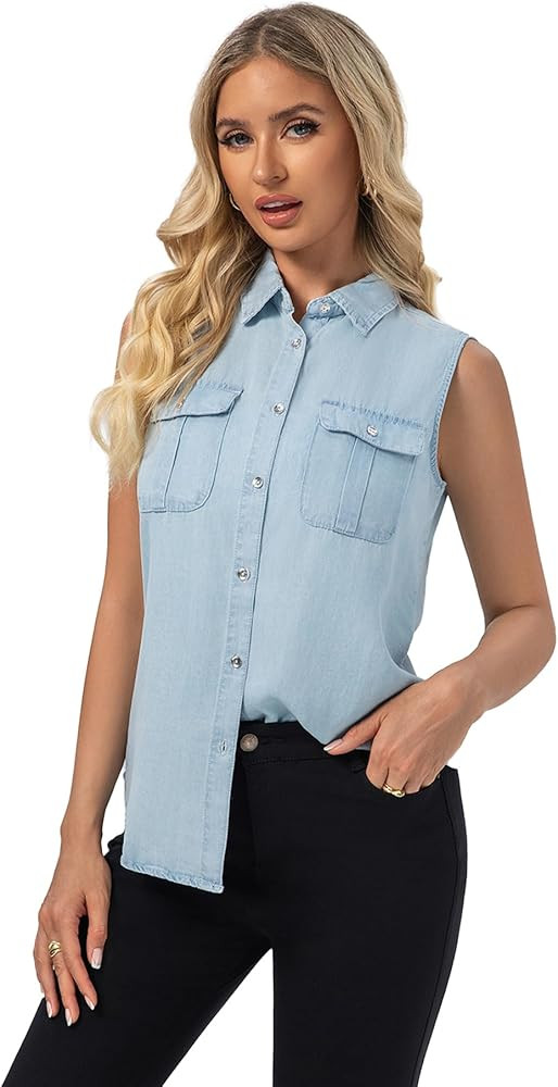 FASHIONSPARK Jean Sleeveless Collared Shirts for Women, Button Down Casual Blouse Women Denim Tan... | Amazon (US)