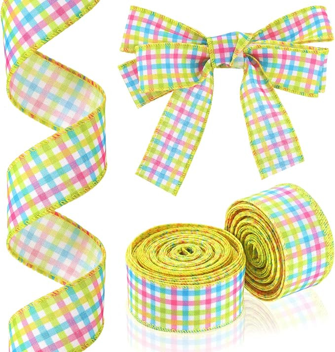MTLEE 20 Yard Easter Spring Wired Ribbon Pastel Plaid Wired Ribbon Gingham Pink Blue Yellow Green... | Amazon (US)