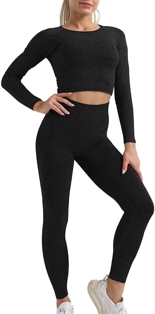 OLCHEE Women's 2 Piece Tracksuit Workout Outfits - Seamless High Waist Leggings and Long Sleeve C... | Amazon (US)