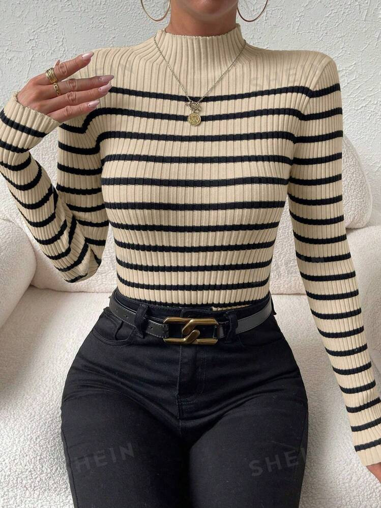 SHEIN Relaxiva Striped Pattern Mock Neck Sweater | SHEIN USA | SHEIN