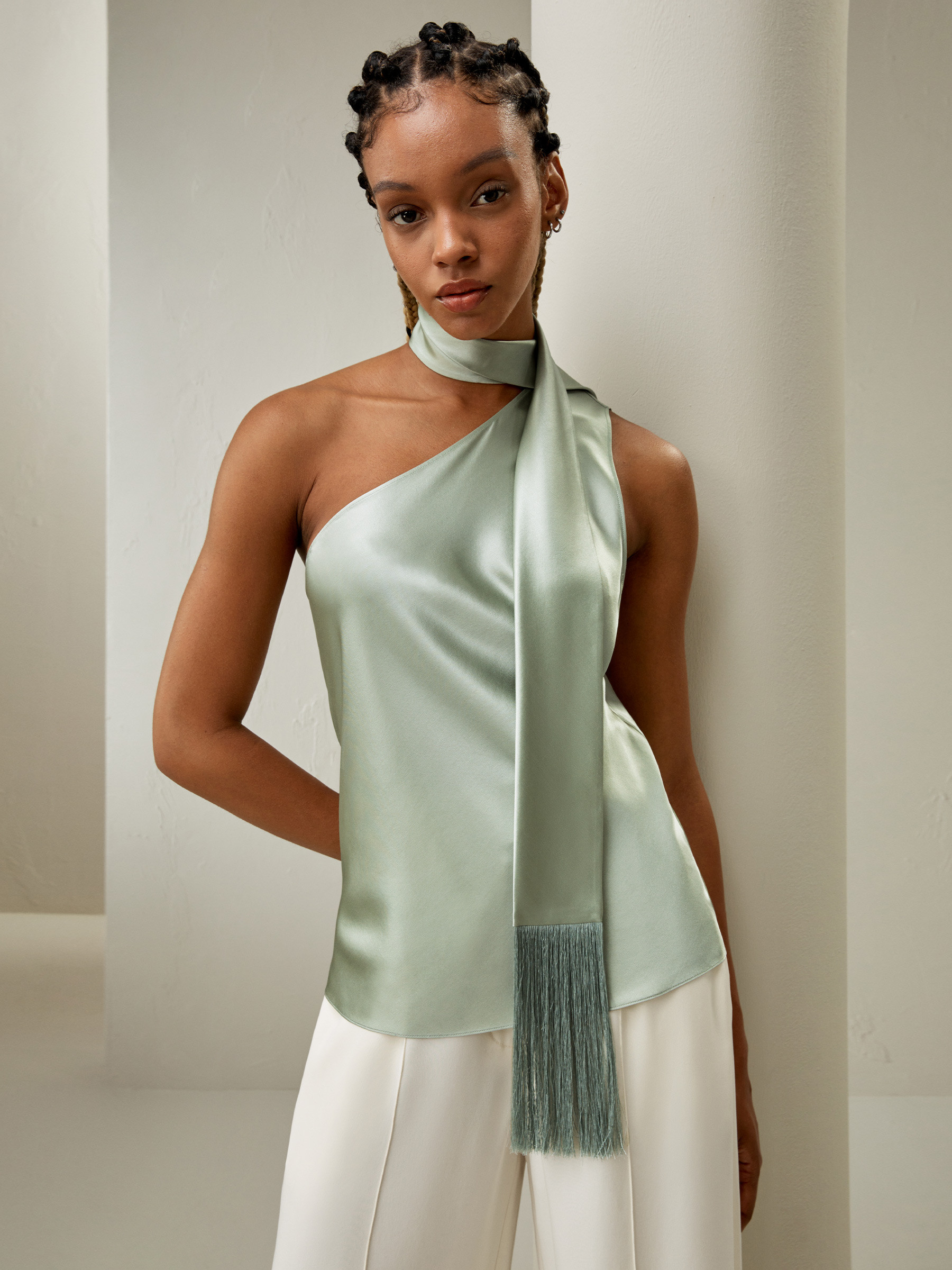 One-shoulder Top With Tassel Scarf | LilySilk