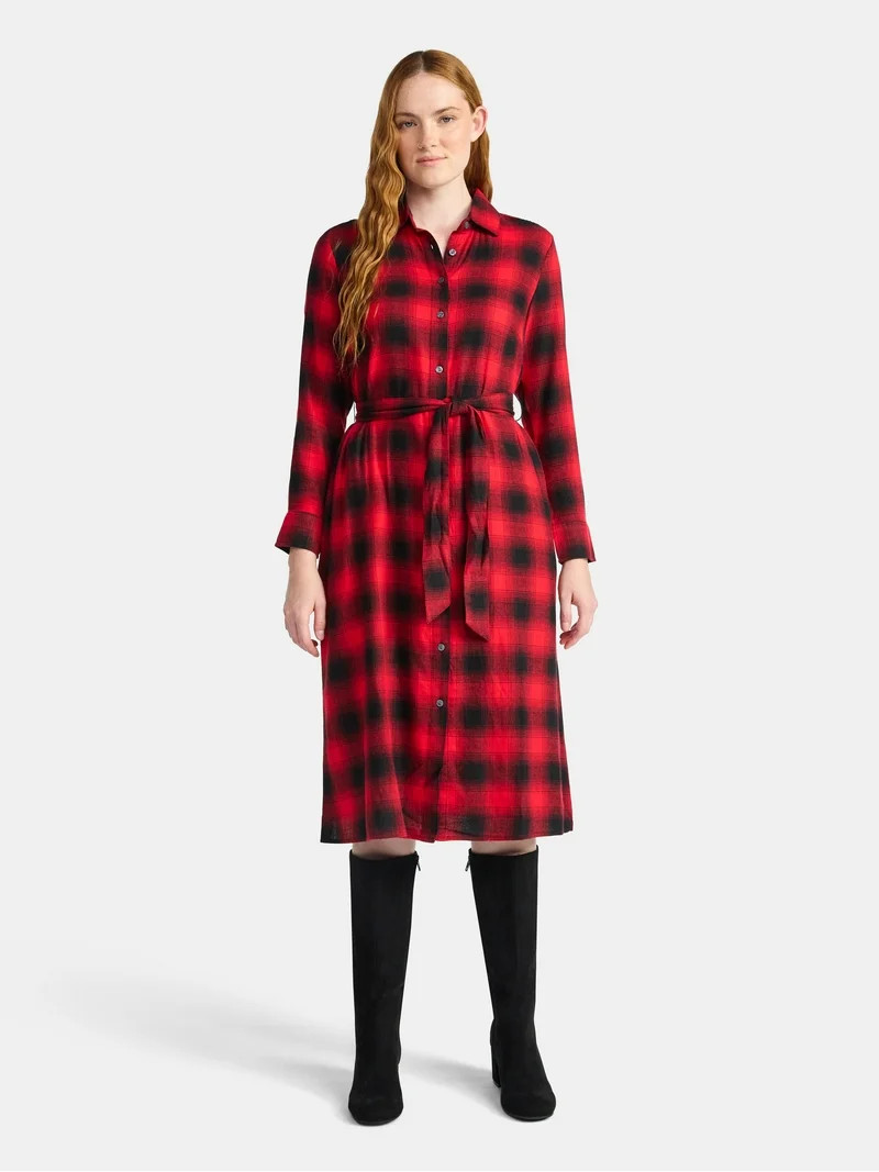 Time and Tru Women's Plaid Shirt Dress with Long Sleeves, Sizes XS-XXXL | Walmart (US)