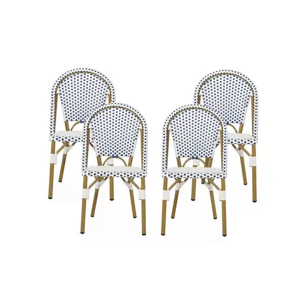 Elize Outdoor French Bistro Chairs (Set of 4) by Christopher Knight Home - Blue + White + Bamboo ... | Bed Bath & Beyond