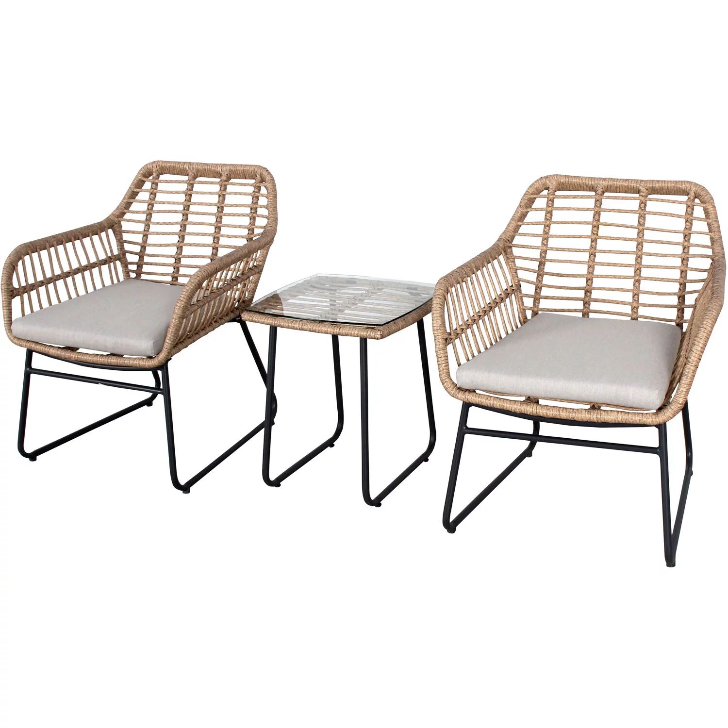 Mod Mia 3-Piece Bistro Chat Set with 2 Hand-Woven Wicker Chairs, Grey Cushions, and Glass Top Sid... | Walmart (US)
