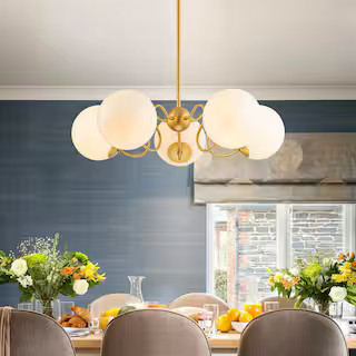 RRTYO Shoshanna 5-Light Mid-Century Modern Gold Sputnik Polished Opal Glass Globe Bubble Chandeli... | The Home Depot