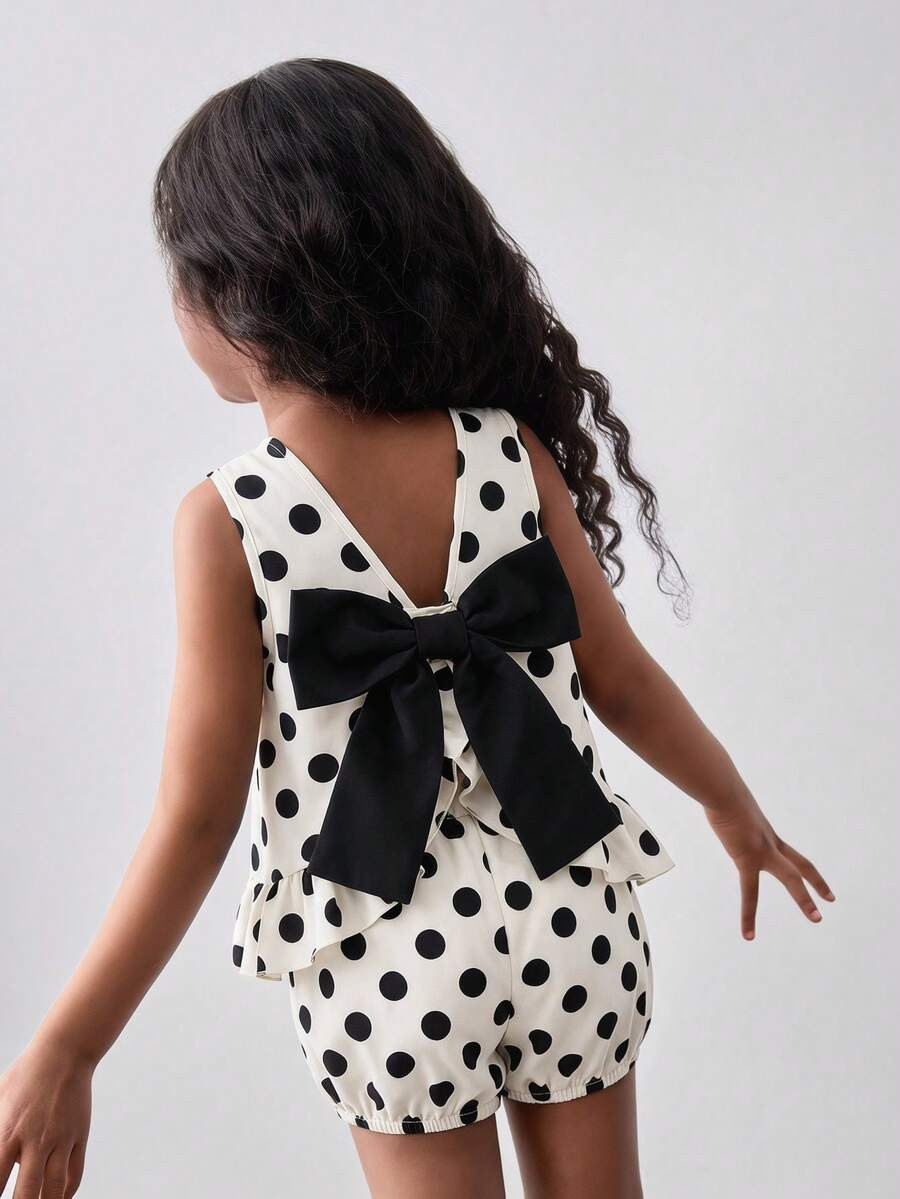 Maija Kids Maija Kids Young Girls 2pcs Young Girl Woven Polka Dot Bow Decor Camisole And Shorts Set Birthday Summer | SHEIN