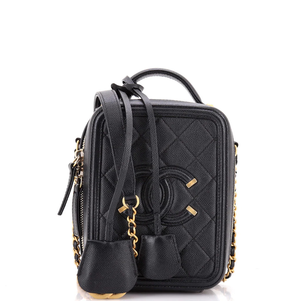 Chanel Filigree Vertical Vanity Case Quilted Caviar Black 3842125 | Rebag