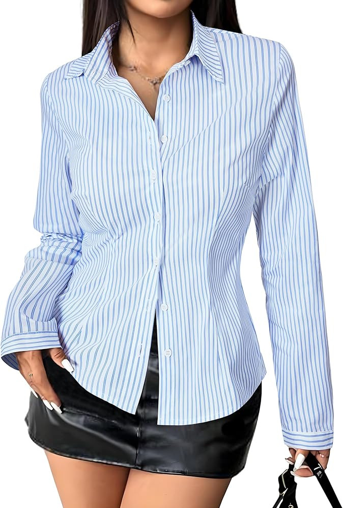 Striped Button Down Shirts for Women Dress Shirt Slim Fit Long Sleeve Casual Collared Work Blouse... | Amazon (US)
