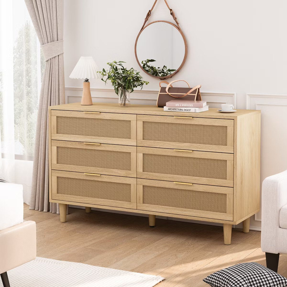 6-Drawer Rattan Dresser, Storage Cabinet with White Drawer Slides for Living Room and Bedroom 4W ... | Target