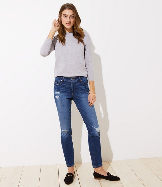 LOFT Plus Distressed Skinny Jeans in Mid Indigo Wash | LOFT | LOFT
