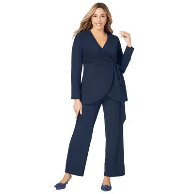 Jessica London 2-Piece Faux Wrap Pantsuit in Black at Nordstrom, Size 32 | Nordstrom