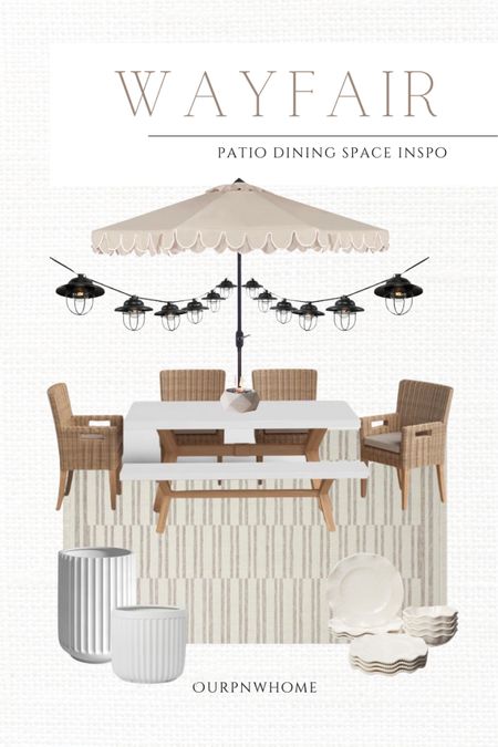 Patio dining space inspiration with finds from Wayfair!

Outdoor dinning table, outdoor area rug, outdoor dining chairs, outdoor bench, patio dining table, outdoor entertaining, melamine dish set, outdoor string lighting, bistro lights, cafe lights, tabletop fire pit, beige patio umbrella, neutral patio, beige patio, tan patio, fluted planter pots, outdoor planters, white planter

#LTKStyleTip #LTKHome #LTKSeasonal