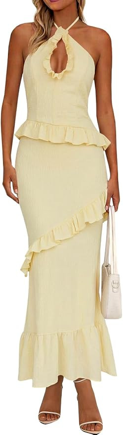 Wenrine Womens Summer Halter Maxi Dress Sleeveless Long Party Dresses | Halter Neck, Ruffle Tasse... | Amazon (US)
