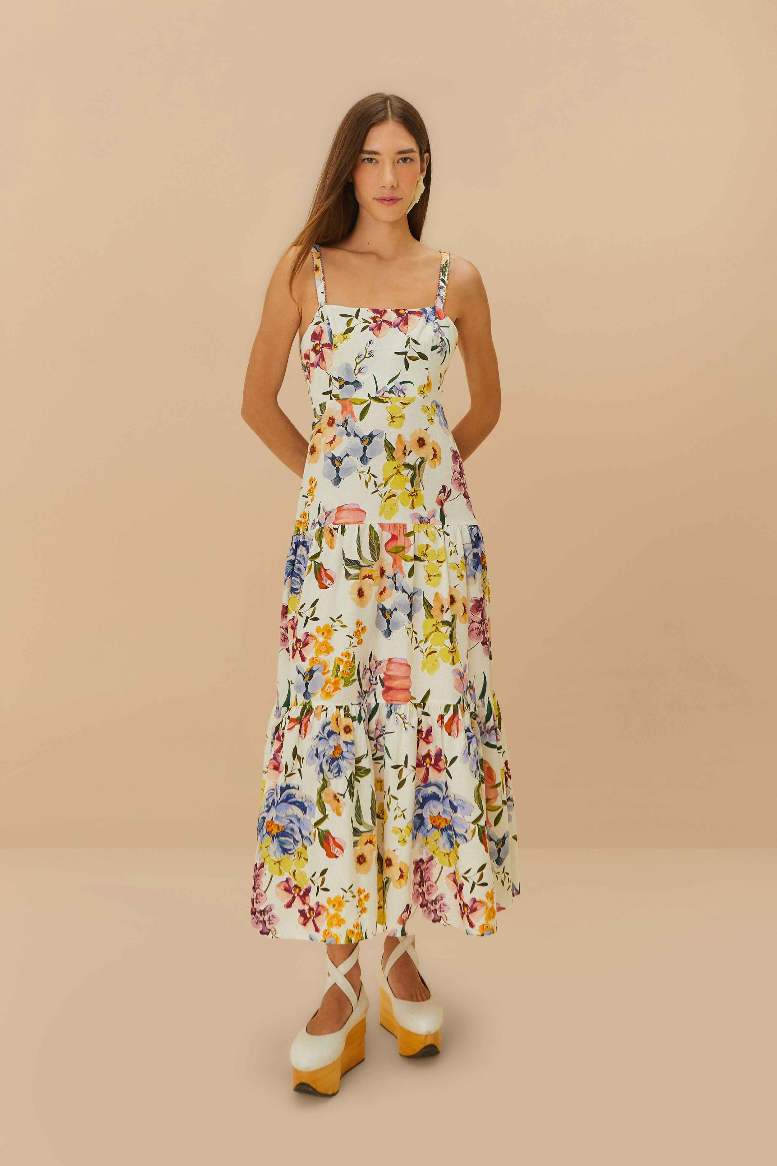 Off-White Greek Garden LENZING ECOVERO Euroflax Maxi Dress, GREEK GARDEN OFF-WHITE / XL | FarmRio (US)