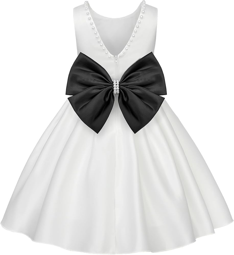 Uhnice Flower Girl Dress Satin Sleeveless with Pearl and Detachable Bow for Wedding and Party | Amazon (US)