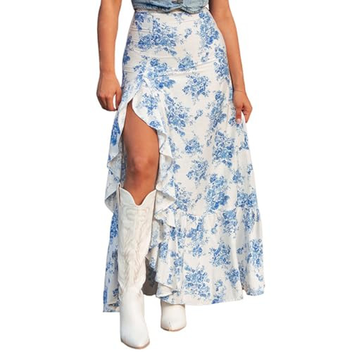 dsumvns Women's Floral Printed Maxi Skirts Casual Boho Ruffle High Waisted Side Slit Bodycon Skirt Sexy A Line Flowy Skirts Blue | Amazon (US)