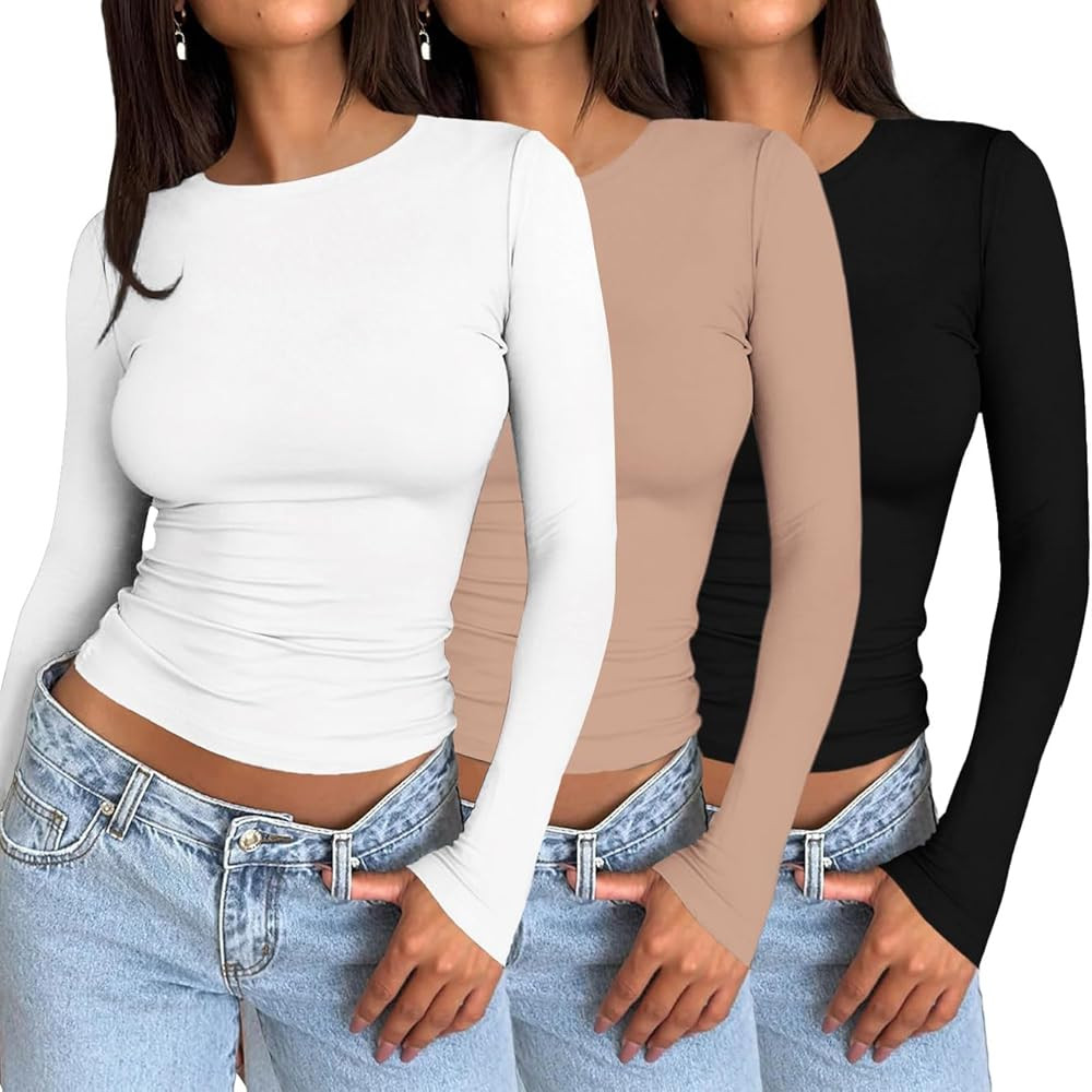 Ekouaer 3 Pack Women Long Sleeve Crew Neck Shirts Basic Thermal Tops Slim Fit Ruch Side Tees Goin... | Amazon (US)