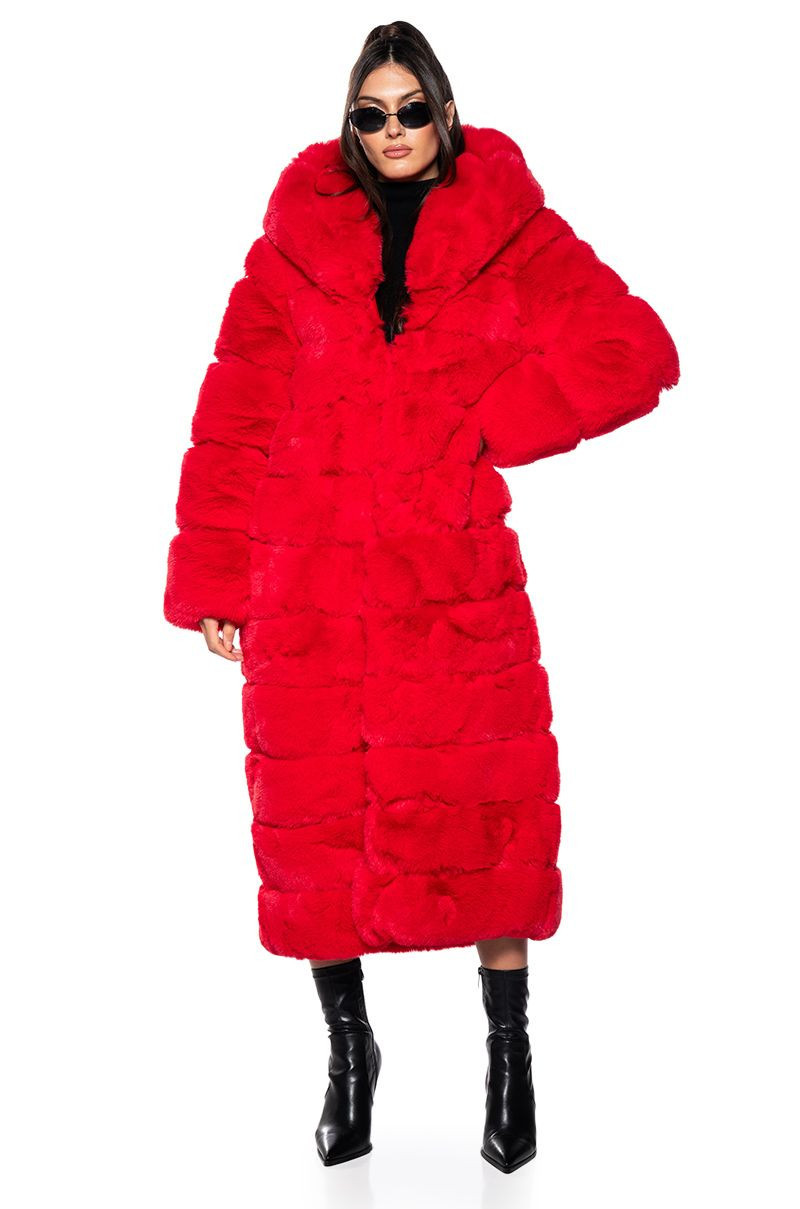 AZALEA WANG FAUX FUR PANEL HOODED TRENCH IN RED | AKIRA