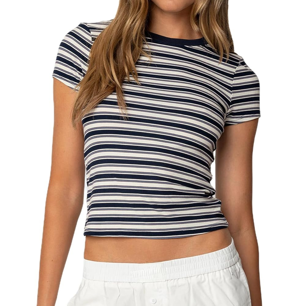 Women's Basic Striped Short Sleeve Tops Rib Knit Shirts Slim Fit Casual Crop Top Summer Baby Tee | Amazon (US)