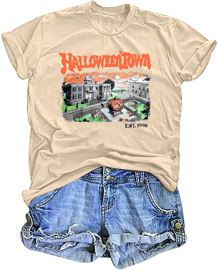 Vintage Halloween Town Est 1998 Shirt Women Pumpkin Halloween Graphic Tees Fall Party Gift Tops | Amazon (US)