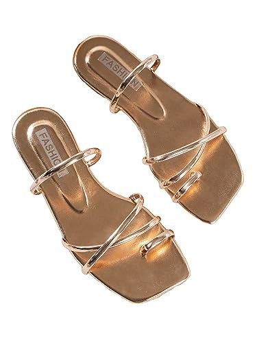 GORGLITTER Women's Metallic Sparkly Strappy Flat Sandals Cute Dressy Open Toe Slip on Slide Sandals Gold CN40 | Amazon (US)