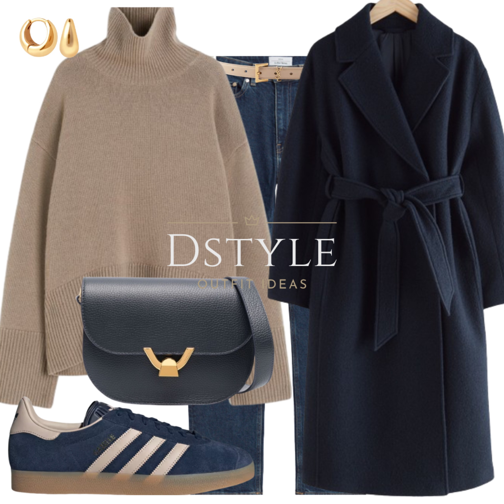 Dark beige cashmere-blend turtleneck, paired with dark blue jeans, a navy belted wool coat, a stylish shoulder bag, and the perfect finishing touch – matching Adidas Gazelle. ❄️👟 #WinterFashion #CozyChic

#LTKstyletip #LTKshoecrush #LTKSeasonal