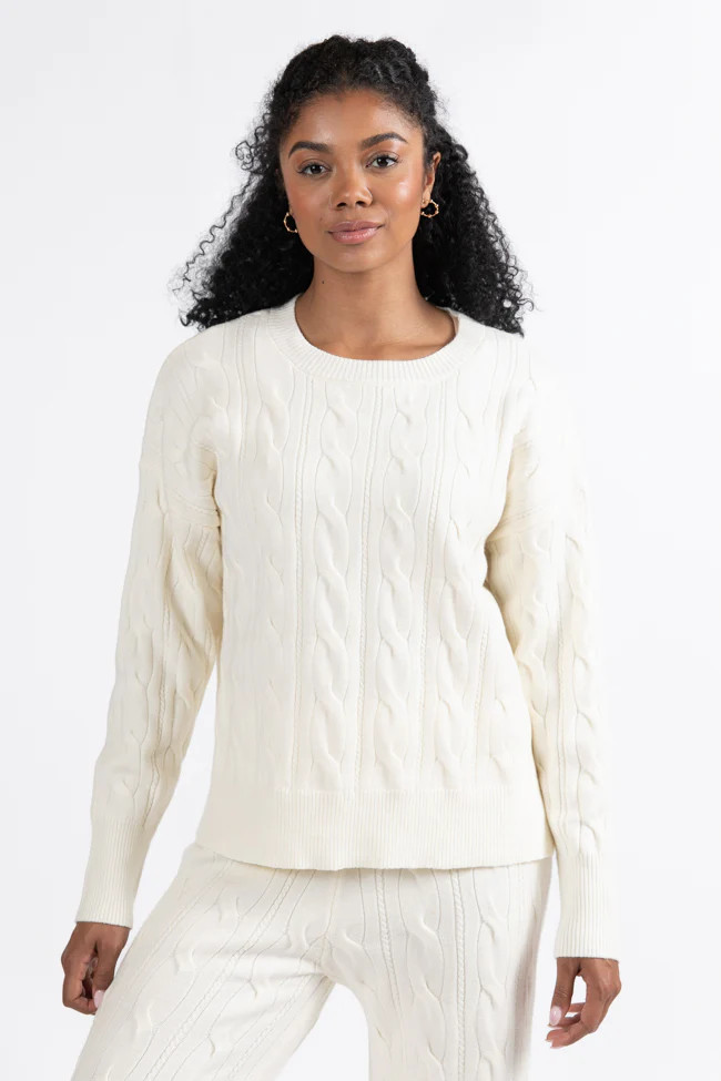Forever Winter Ivory Cable Knit Sweater Lounge Top Macy Blackwell X Pink Lily | Pink Lily