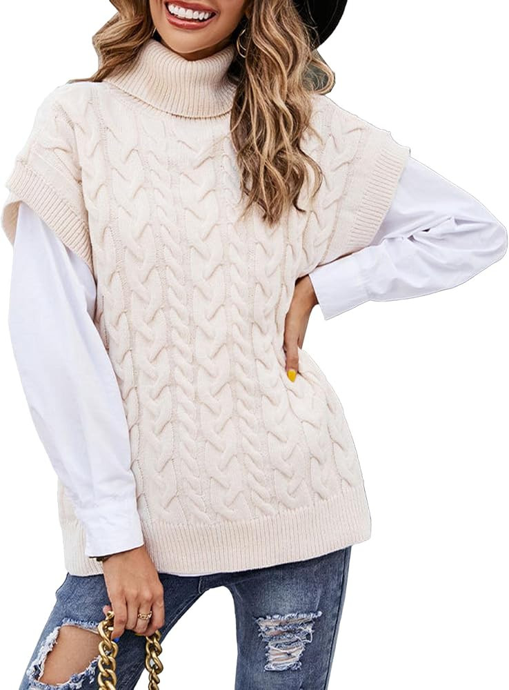 SEMATOMALA Women's Turtleneck Oversized Twisted Cable Knit Vest Sleeveless Loose Fit Pullover Kni... | Amazon (US)