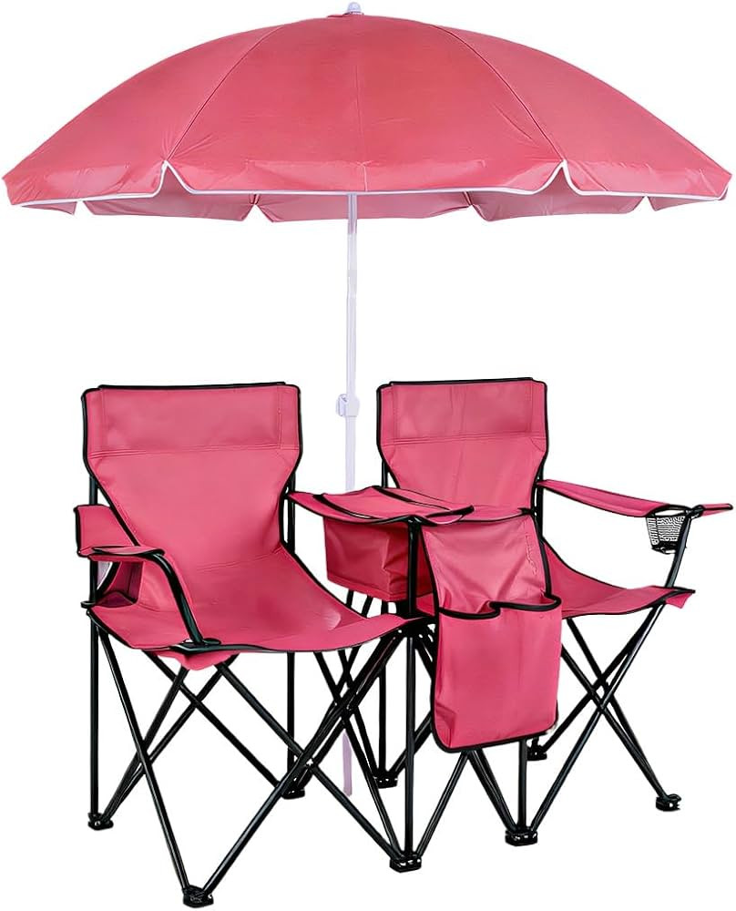Double Folding Camping Loveseat, 2-Person Beach Chair with Umbrella and Cooler Bag, Portable Outd... | Amazon (US)