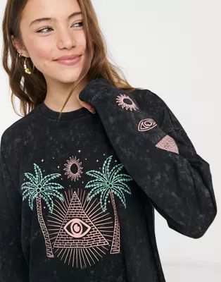 ASOS DESIGN oversized T-shirt with long sleeves and palm print in washed charcoal | ASOS (Global)