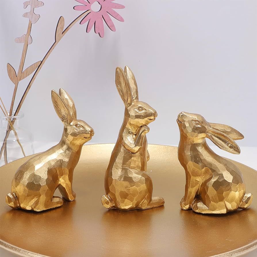 Glintoper 3 Pack Easter Bunny Figurines Decor, Mini Resin Golden Bunnies Spring Sculpture Tableto... | Amazon (US)