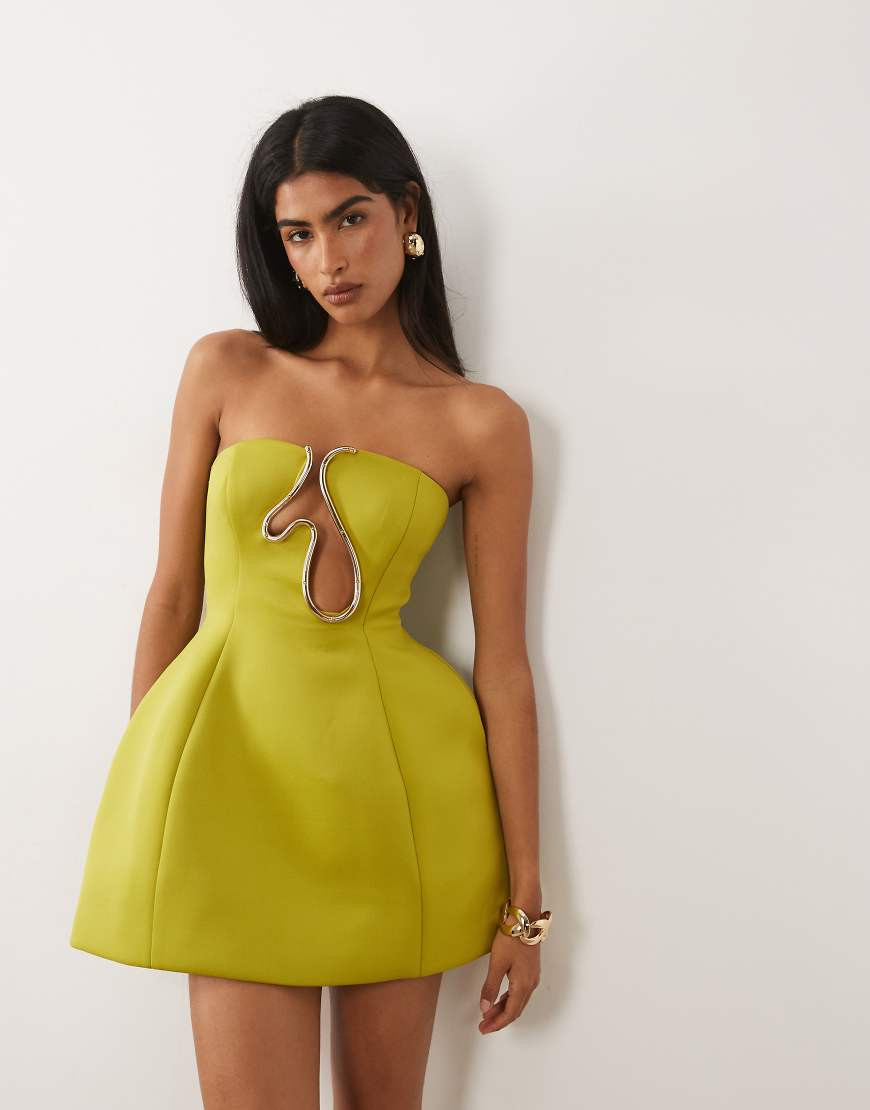 ASOS DESIGN Premium bandeau sculpted mini dress with gold trim in olive-Green | ASOS (Global)