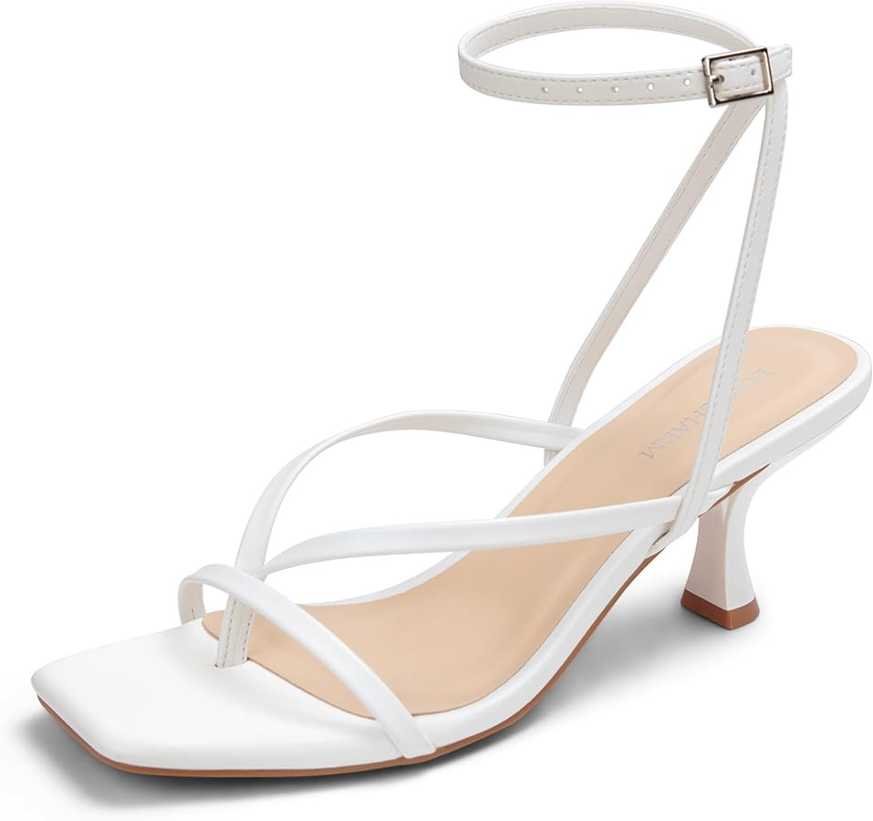 Women's Kitten Heel Strappy Open Square Toe Thong Ankle Strap Heels for Wedding | Amazon (US)