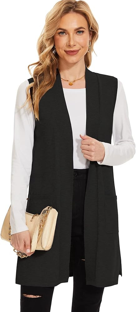 Moss Rose Long Vest for Women Sleeveless Lightweight Open Front Cardigans Ribbed Knit Outwear wit... | Amazon (US)