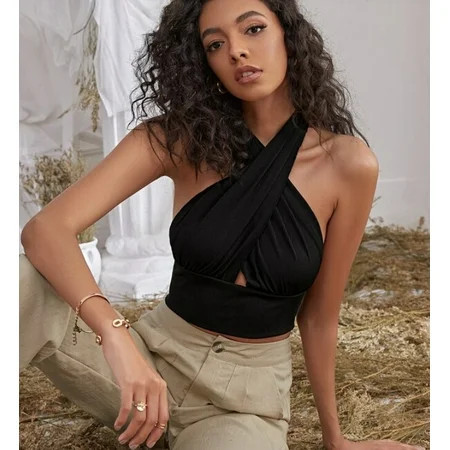 Lizxun Women Ruched Sleeveless Criss Cross Halter Neck Crop Tank Tops | Walmart (US)