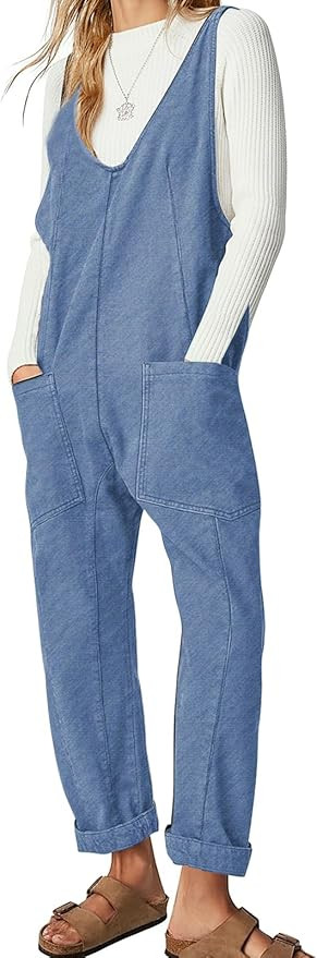EXLURA Womens High Roller Denim Bib Jumpsuits Casual Loose Sleeveless Baggy Overalls Jeans Pants ... | Amazon (US)
