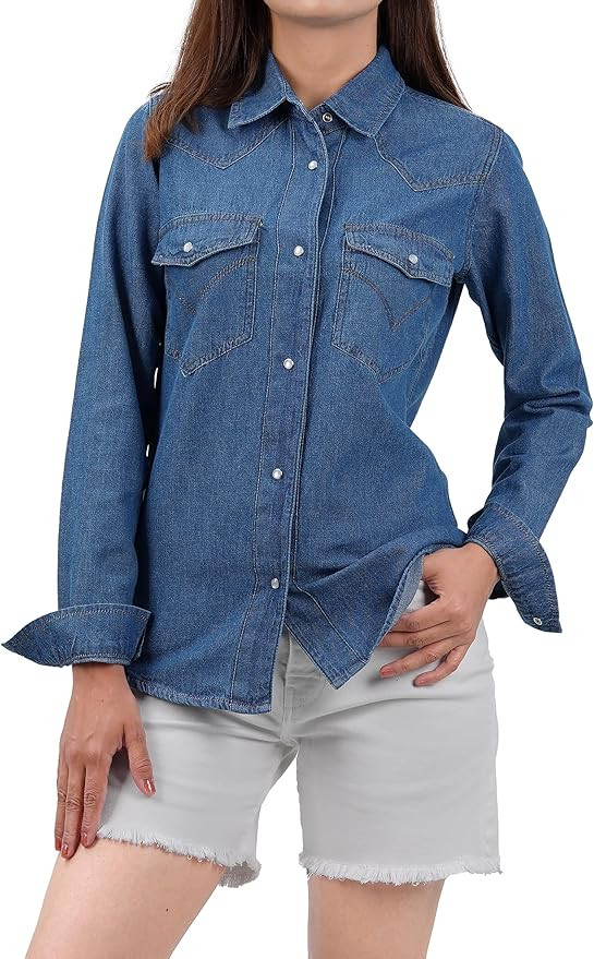 Decrum Denim Shirt Women Long Sleeve - Trendy Lightweight Red and Blue Jean Shirts for Women Deni... | Amazon (US)