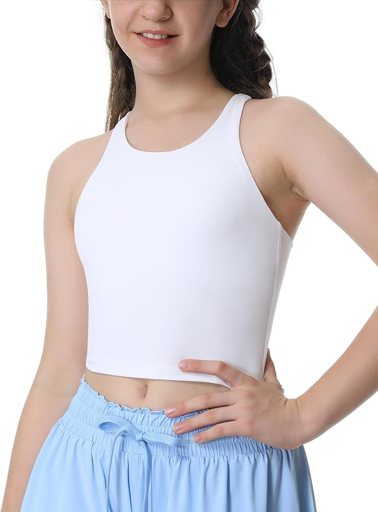 Girls Tank Tops Double Lined Crop Tops for Kids High Crew Neck Racerback Basic Sleeveless Dance T... | Amazon (US)
