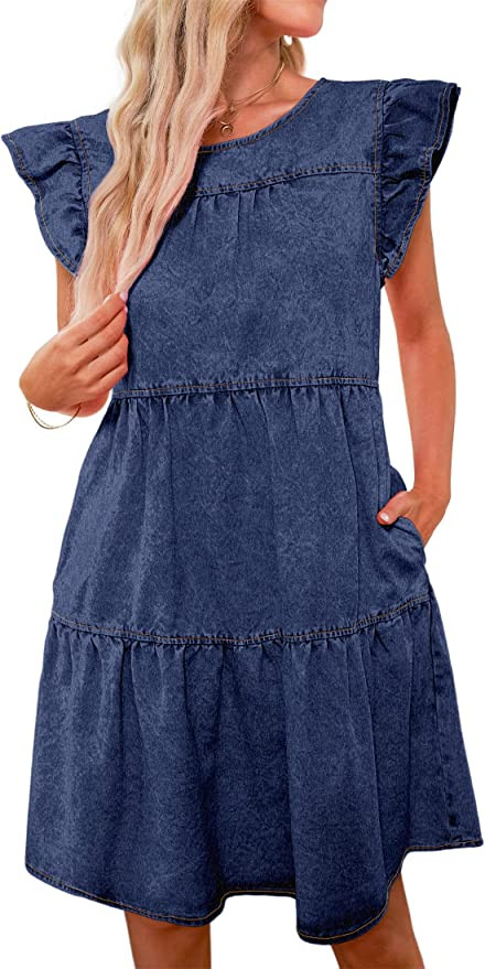 luvamia 2023 Denim Dress for Women Summer Babydoll Sleeveless Ruffle Sleeve Mini Dresses Loose Fl... | Amazon (US)