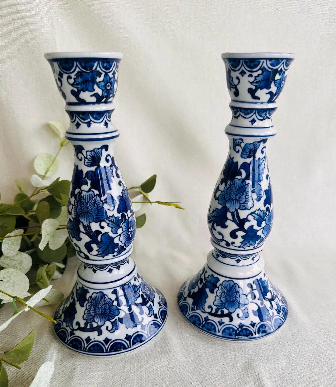 Blue and Whit Floral Motif Candle Holder } Asian Blue White Chinoiserie Candlestick Holders } Fre... | Etsy (US)