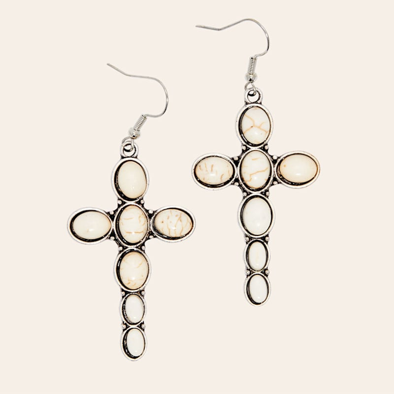 Rockin' C Silver & Cream Stone Cross Dangle Earrings | Cavender's