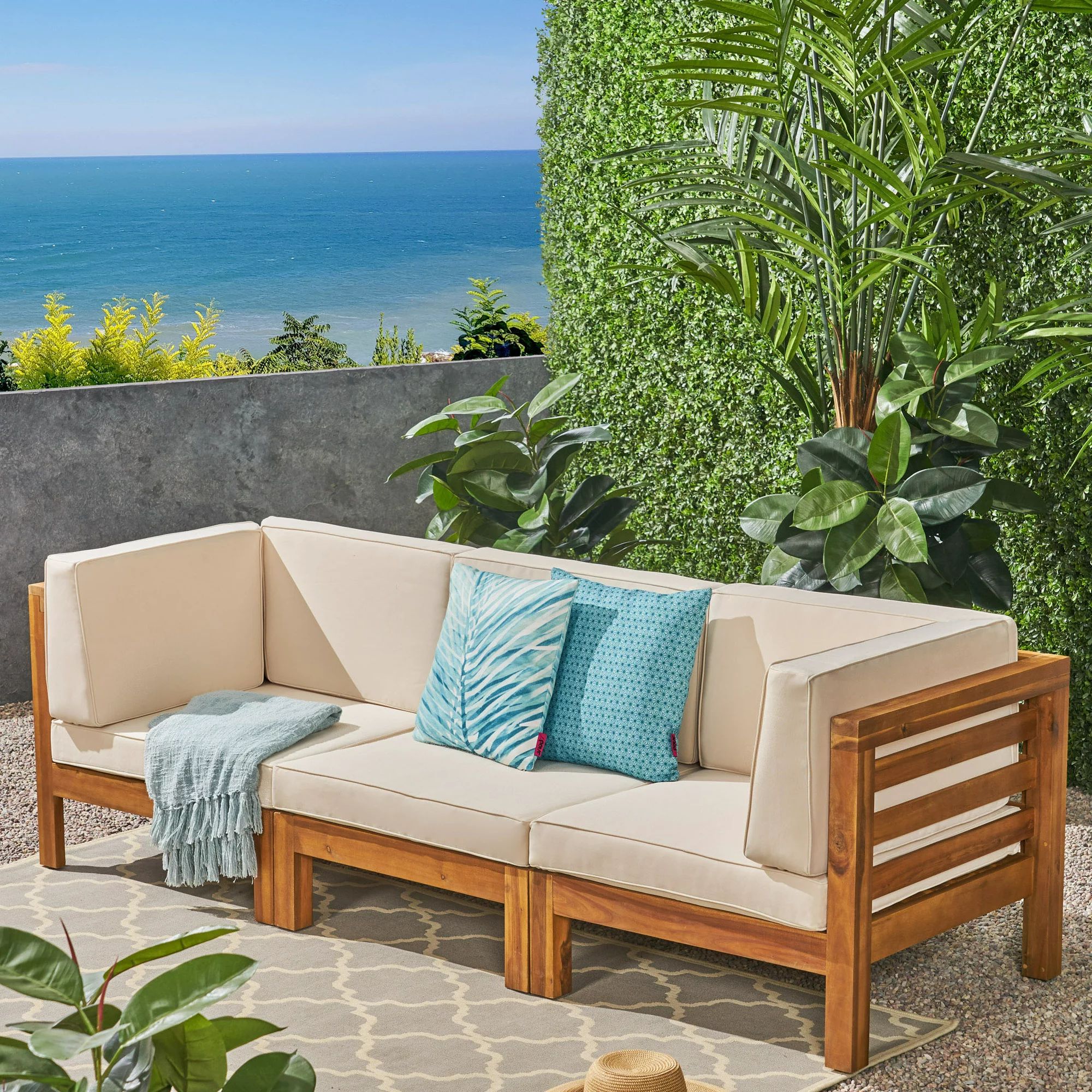 GDF Studio Cascada Outdoor Acacia Wood 3 Seater Sofa with Cushions, Teak and Beige | Walmart (US)
